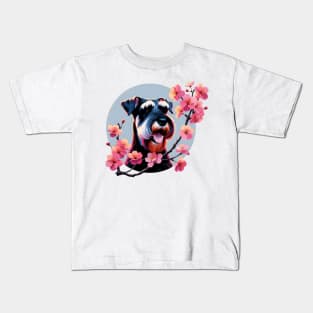 Joyful Giant Schnauzer Amidst Spring Cherry Blossoms Kids T-Shirt